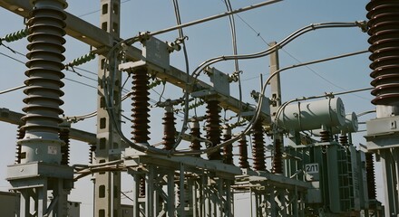 Power Distribution Equipment at a Substation Under a Clear Sky
