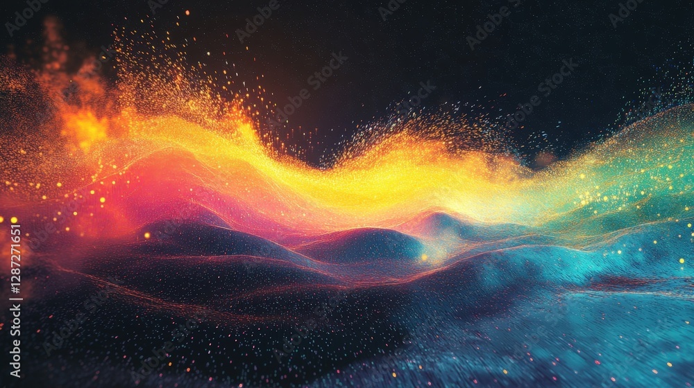 Poster colorful particles flowing and forming a digital landscape, representing data flow, cyber security, 