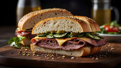 Hearty Muffuletta Sandwich with Sesame Bread and Beef
