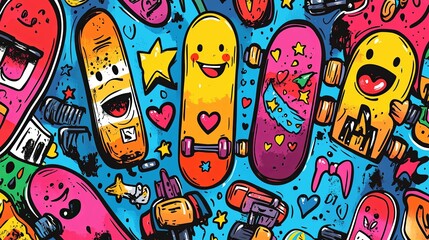 Colorful Skateboards and Happy Faces Graffiti Art