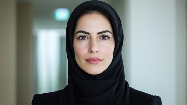 Serious Middle Eastern businesswoman, corporate setting, professional portrait, possible use for business articles or recruitment