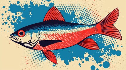 Fototapeta premium A stylized vintage poster featuring a vibrant red and blue fish, bold pop art style with halftone textures, eye-catching retro-inspired design