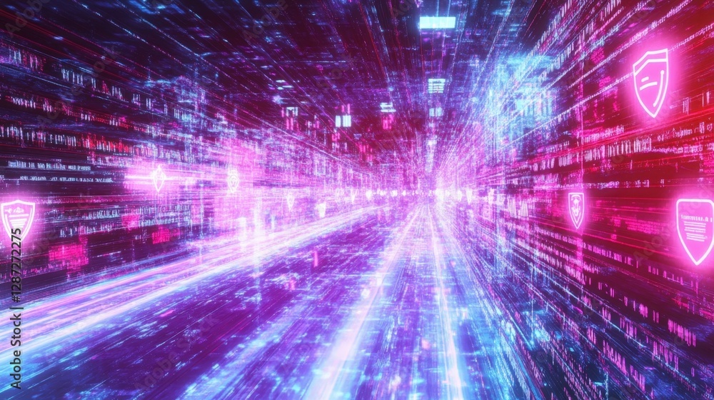 Poster glowing shield icons safeguarding a data stream as it flows through a digital cyberspace tunnel, rep