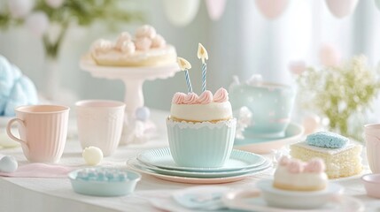 A tabletop arrangement of birthday plates, cups, napkins, and decorations in a pastel color scheme, captured with soft diffused light for a gentle and dreamy birthday scene 