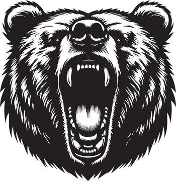 Black and white illustration of a roaring bear.