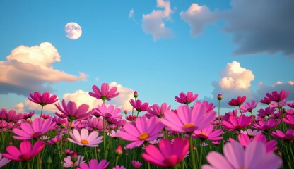 A vibrant field of pink cosmos flowers stretches towards a clear, bright blue sky, capturing the essence of a perfect summer day.