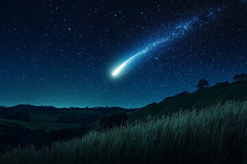 Night sky meteor over rolling hills, starlit landscape, fantasy