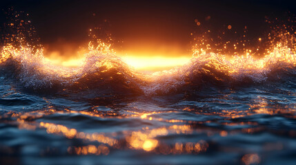 Fototapeta premium 3D Illustration Golden Sunset Ocean Waves, Ripples, and Reflections