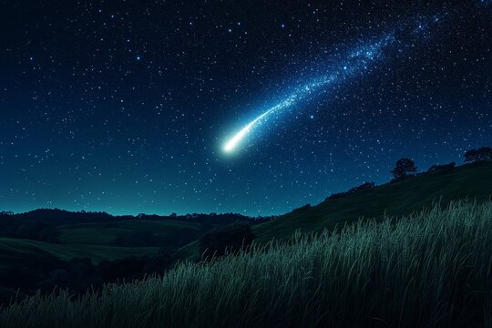 Night sky meteor over rolling hills, starlit landscape, fantasy - Powered by Adobe