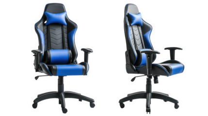 stylish gaming chair designed for comfort and support during long hours of use it has a sleek black and blue color scheme. ergonomic shape. adjustable armrests. and a high back for optimal posture per