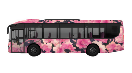 side view of a bus decorated with a vibrant floral design. predominantly featuring pink flowers against a dark background this artistic wrapping adds a visually appealing element to the public transpo