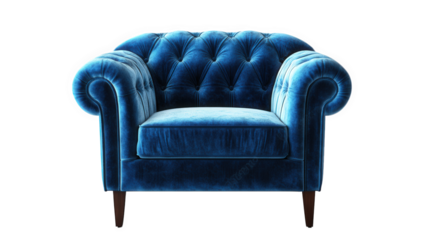 luxurious blue velvet armchair with a tufted design and rounded arms. sitting on slender wooden legs the chair's vibrant color and plush texture make it an elegant addition to any living space. ideal