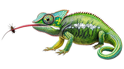 Chameleon Catching Insect with Tongue, Isolated Illustration

