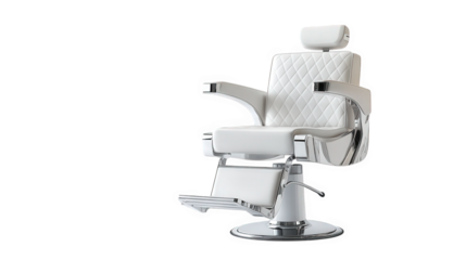 modern. stylish barber chair designed for grooming and styling purposes. showcasing a sleek white upholstery with a diamond pattern and chrome accents the chair is positioned against a minimalist back