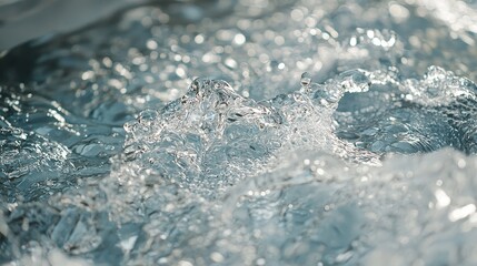 Obraz premium Clear water flowing in a forest stream, cascading over textured porous rocks, creating foam and ripples under soft sunlight