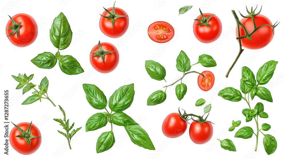 Poster collection of ripe red tomatoes and fresh green basil leaves. arranged artistically on a white backg