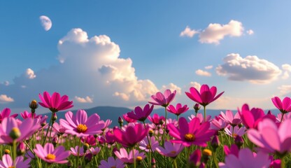 A vibrant field of pink cosmos flowers stretches towards a clear, bright blue sky, capturing the essence of a perfect summer day.