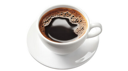 a steaming cup of black coffee sitting on a white saucer. highlighting the rich texture and bubbles on the surface the simplicity and elegance of the presentation suggest a moment of relaxation or enj