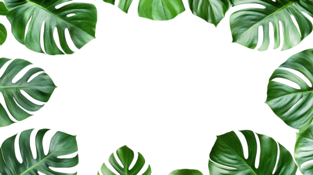 collection of lush green monstera leaves arranged around a blank white space. creating a natural frame that can be used for various design purposes. such as invitations. social media posts. or decorat