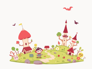 Naklejka premium Whimsical Cartoon Characters and Fantasy Landscapes