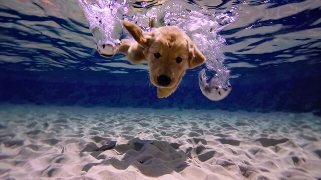 Underwater video of a dog swimming, captured from a low angle. The playful scene showcases a clear view of the sandy bottom and rippling water surface.