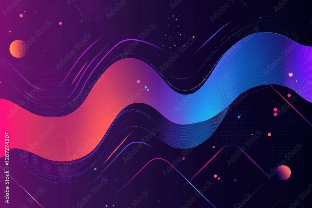 Poster Dynamic abstract pattern featuring vibrant waves and colorful orbs in a dark background. Generative AI