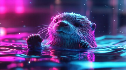 Neon Lit Otter Swimming in Vibrant Water
