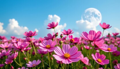 A vibrant field of pink cosmos flowers stretches towards a clear, bright blue sky, capturing the essence of a perfect summer day.
