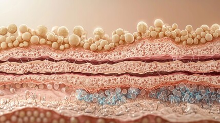 Digital medical illustration of skin layers showing histamine reaction from mosquito bites, cross-section view, labeled details