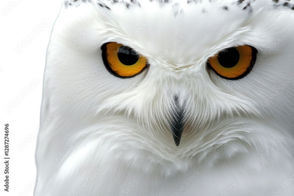 Poster close-up portrait of an owl with intense eyes on a transparent background. focus on sharp details an