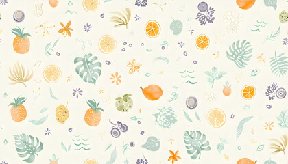 Tropical Illustration Background - Pineapple, Orange, Mango, and Tropical Leaves Pattern
