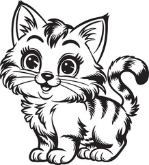 Cute Fluffy Kitten Vector Illustration – Black and White Cartoon Cat Design

