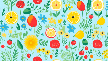 Illustration Background - Whimsical Fruit and Floral Pattern on Light Blue