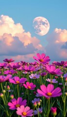 Fototapeta premium A vibrant field of pink cosmos flowers stretches towards a clear, bright blue sky, capturing the essence of a perfect summer day.