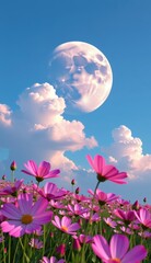 Fototapeta premium A vibrant field of pink cosmos flowers stretches towards a clear, bright blue sky, capturing the essence of a perfect summer day.