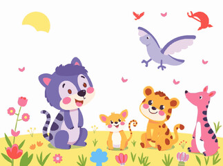 Naklejka premium Playful Animal Friends Illustrations for Kids' Books in Bright Hues