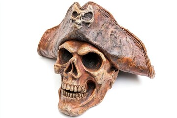 A weathered skull wears a tricorn pirate hat