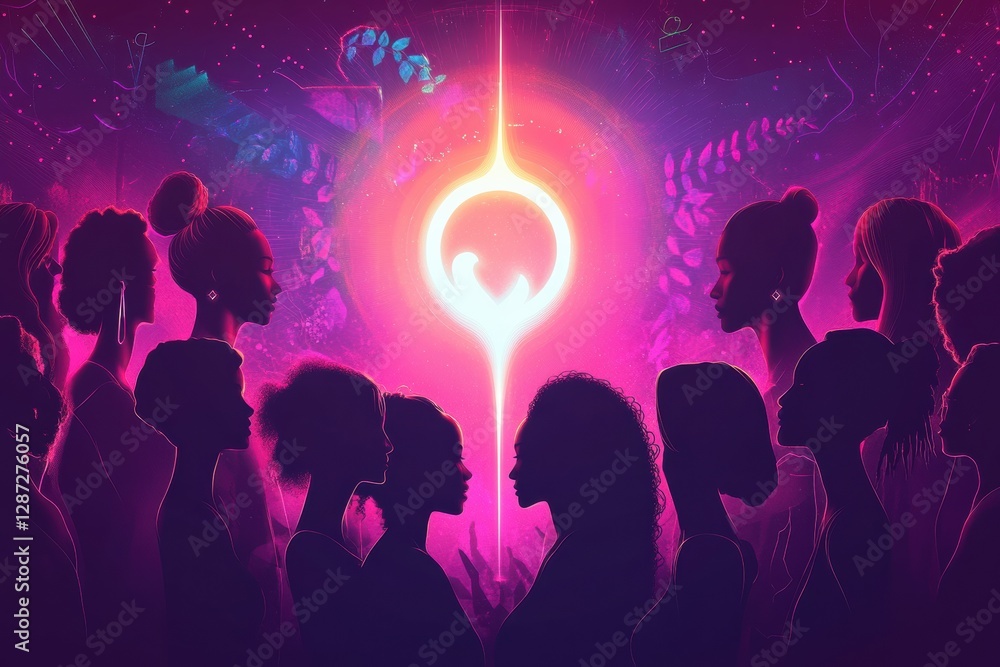 Poster empowerment and unity highlighted by diverse silhouettes in celebration of womens day with a glowing