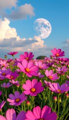 Obraz premium A vibrant field of pink cosmos flowers stretches towards a clear, bright blue sky, capturing the essence of a perfect summer day.