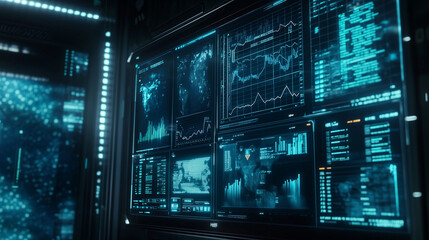 Futuristic Data Center Monitors Displaying Global Stock Market and Network Data Analysis