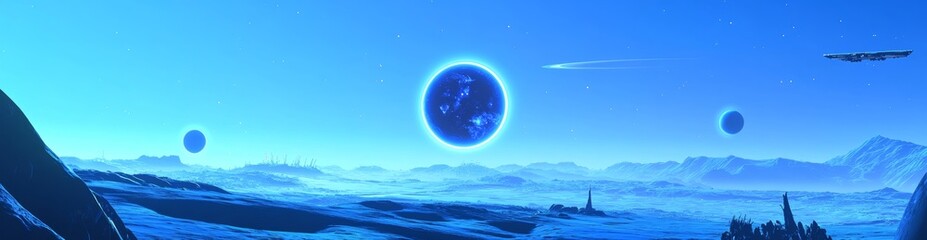 Alien Planet Spaceship Flies Past Glowing Moon