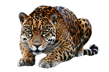Obraz premium Generic animal in predatory pose with striking coat patterns and green eyes, isolated on transparent background