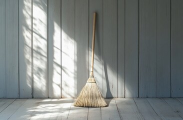 Sweep Away the Dirt: A Simple Broom Against Rustic Wood Walls in Sunlight