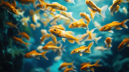 A School Of Golden Fish Swims In Blue Water