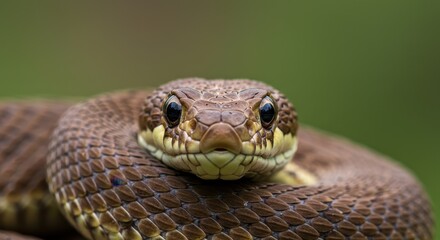 Obraz premium Close-up Portrait of a Brown Snake Coiled with Green Background