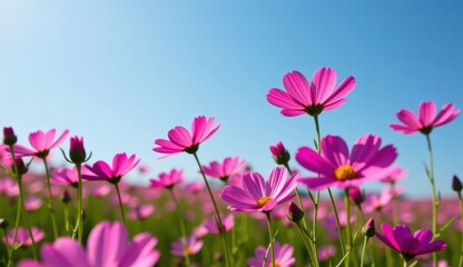 A vibrant field of pink cosmos flowers stretches towards a clear, bright blue sky, capturing the essence of a perfect summer day.