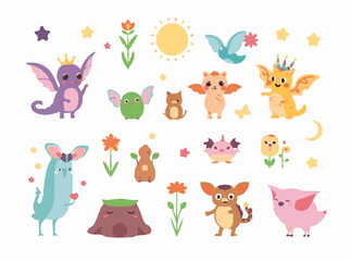 Whimsical Creatures and Fantasy Elements Vector Set