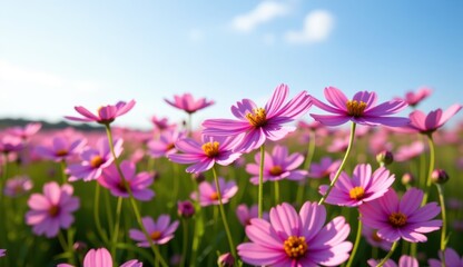 Fototapeta premium A vibrant field of pink cosmos flowers stretches towards a clear, bright blue sky, capturing the essence of a perfect summer day.