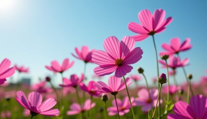 A vibrant field of pink cosmos flowers stretches towards a clear, bright blue sky, capturing the essence of a perfect summer day.