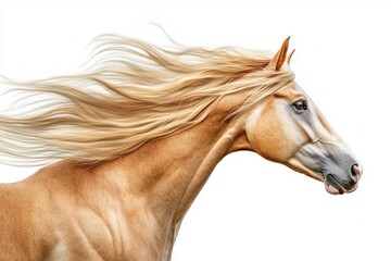 A palomino horse with flowing blonde mane and coat